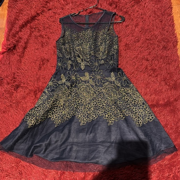Tahari Navy Sheer Embroidered Fit and Flare mini party dress - Picture 3 of 15